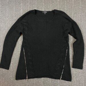 A.N.A Black Knit Sweater Side Zippers Cable Detail Long Sleeve Size Medium